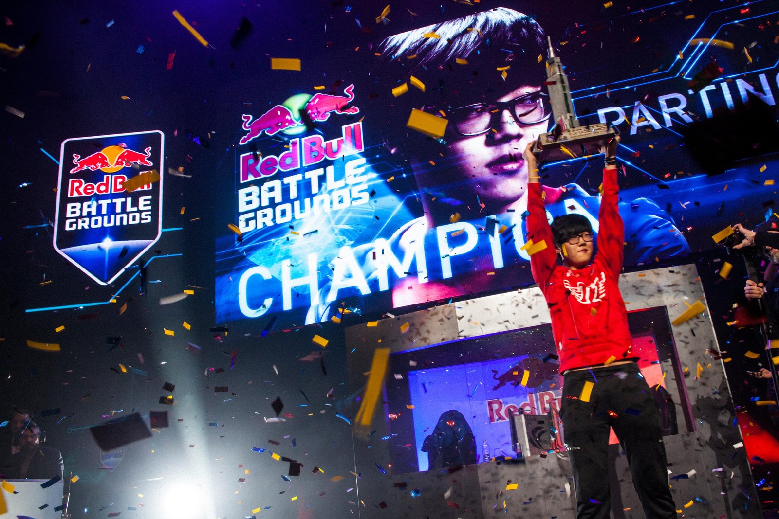PartinG celebrates his victory over sOs in the final of Red Bull Battle Grounds, at the Hammerstein Ballroom in New York City, NY, USA on 24 November, 2013.